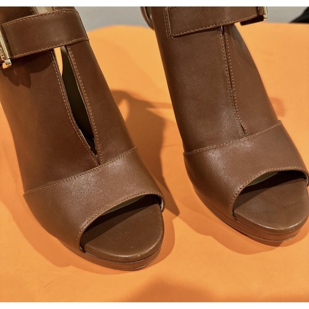 MICHAEL Michael Kors Brown Leather Peep-Toe Ankle Booties with Gold Buckle - Picture 5 of 9